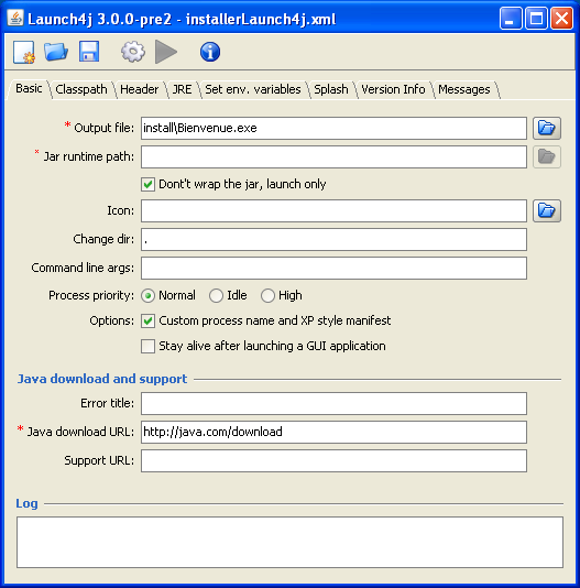 Launch4j onglet Basic