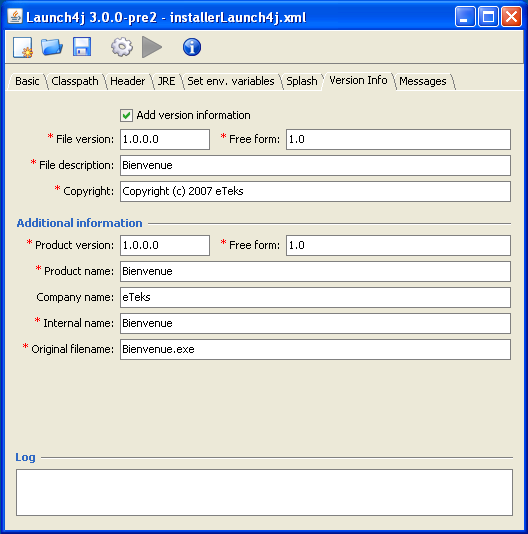 Launch4j onglet Version Info